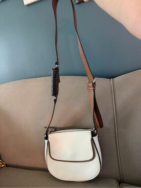 Calvin Klein Cream Crossbody Saddle Bag with Brown Strap
